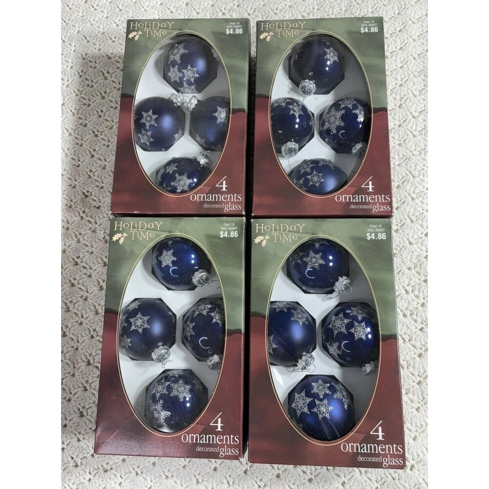 Vtg 16 Holiday Time Blue Glass Ball Christmas Ornaments Snowflakes Glitter 2.5”